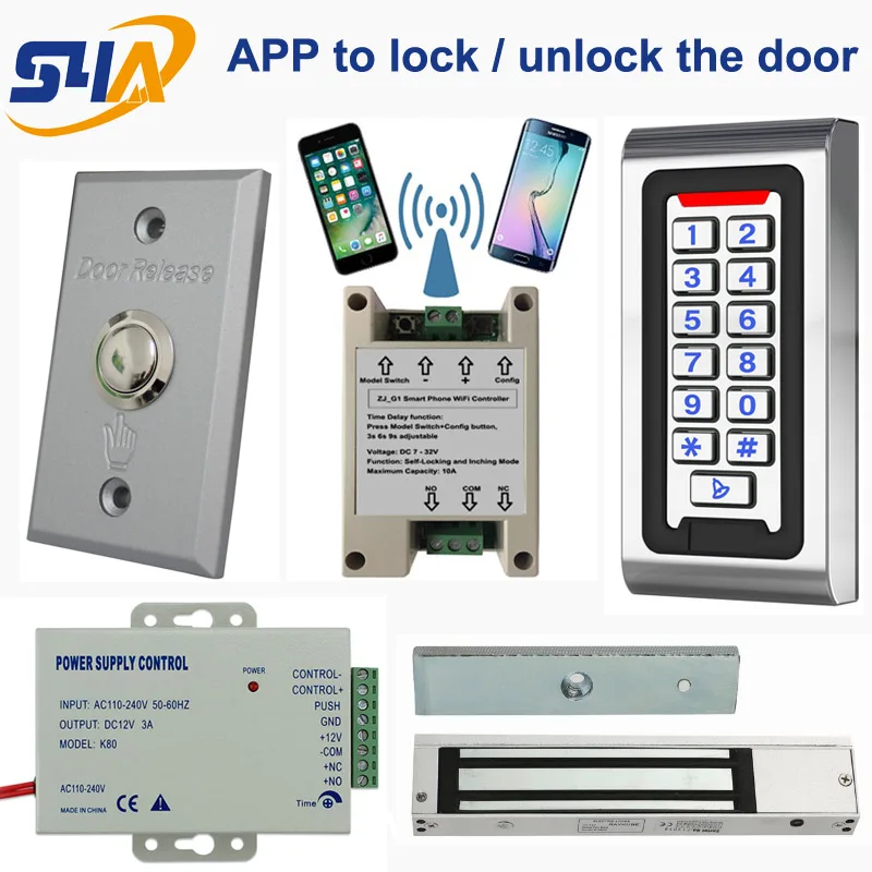 

G1 WiFi module smart phone APP remote controller + SA-601EM Standalone access control + power adapter+exit button+600lbs maglock