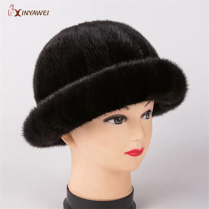 Для женщин меховая шапка для зима натуральный мех норки cap русский женские меховые головные уборы брендовые новые модные теплые шапочки Кап - Цвет: black