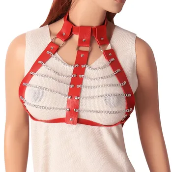 

Leather Bra Crop Harness Red Strap Top Cage Sexy Lingerie Hollow Out Metal Chain Punk Gothic Cosplay Clothing Adjust Plus Size