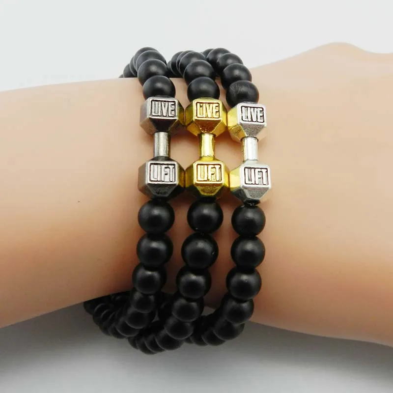 

2017 Mens Bracelet Natural Stones Live Lift Dumbbell Bracelet Lava Onyx beads Fitness Rock men bracelet