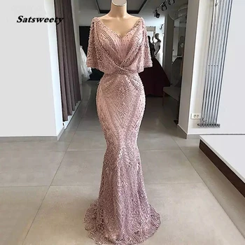 

Satsweety Long Mermaid Pink Lace Abendkleider Arabic Evening Dress 2020 Kaftan Dubai Muslim Party Dresses vestido de gala