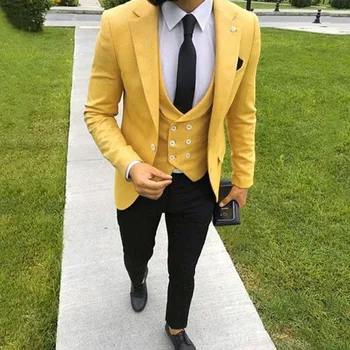 

Costume Homme Mariage Yellow Mens Suits With Pants Black 2019 Custom Made Slim Fit Wedding Groom Smoking Formal Suits For Men