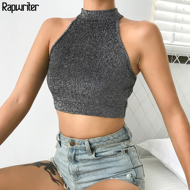 

Rapwriter Sexy Backless Lace-up Halter Glitter Tank Top Women 2019 Summer Streetwear Off Shoulder Stretch Sleeveless Crop Top