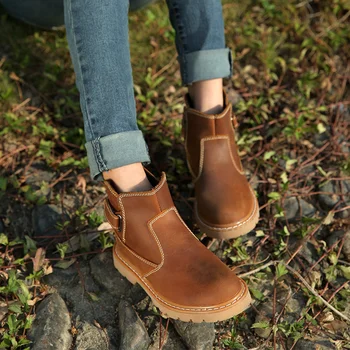 

Classic Fashion Full Grain Leather Tooling Shoes Autumn Women 111% Genuine Leather Ankle Buckle Outdoor Work Big Size Boots