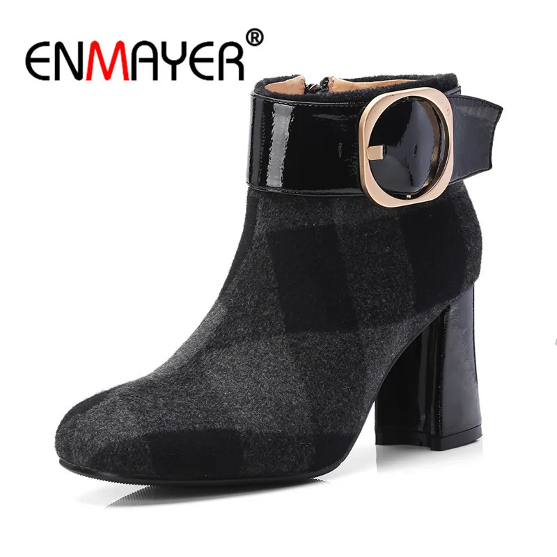 

ENMAYER Women Ankle Boots Size 34-39 Causal High Heels Thick Heels Fashion Boots Round Toe Shoes woman Zip Buckle strap CR1168