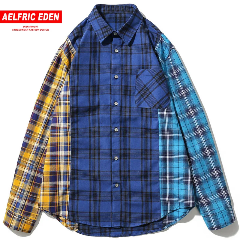 

Aelfric Eden Plaid Color Patchwork Long Sleeve Shirts Men Women Hip Hop Harajuku Streetwear 2018 Autumn Winter Casual Shirt KJ68