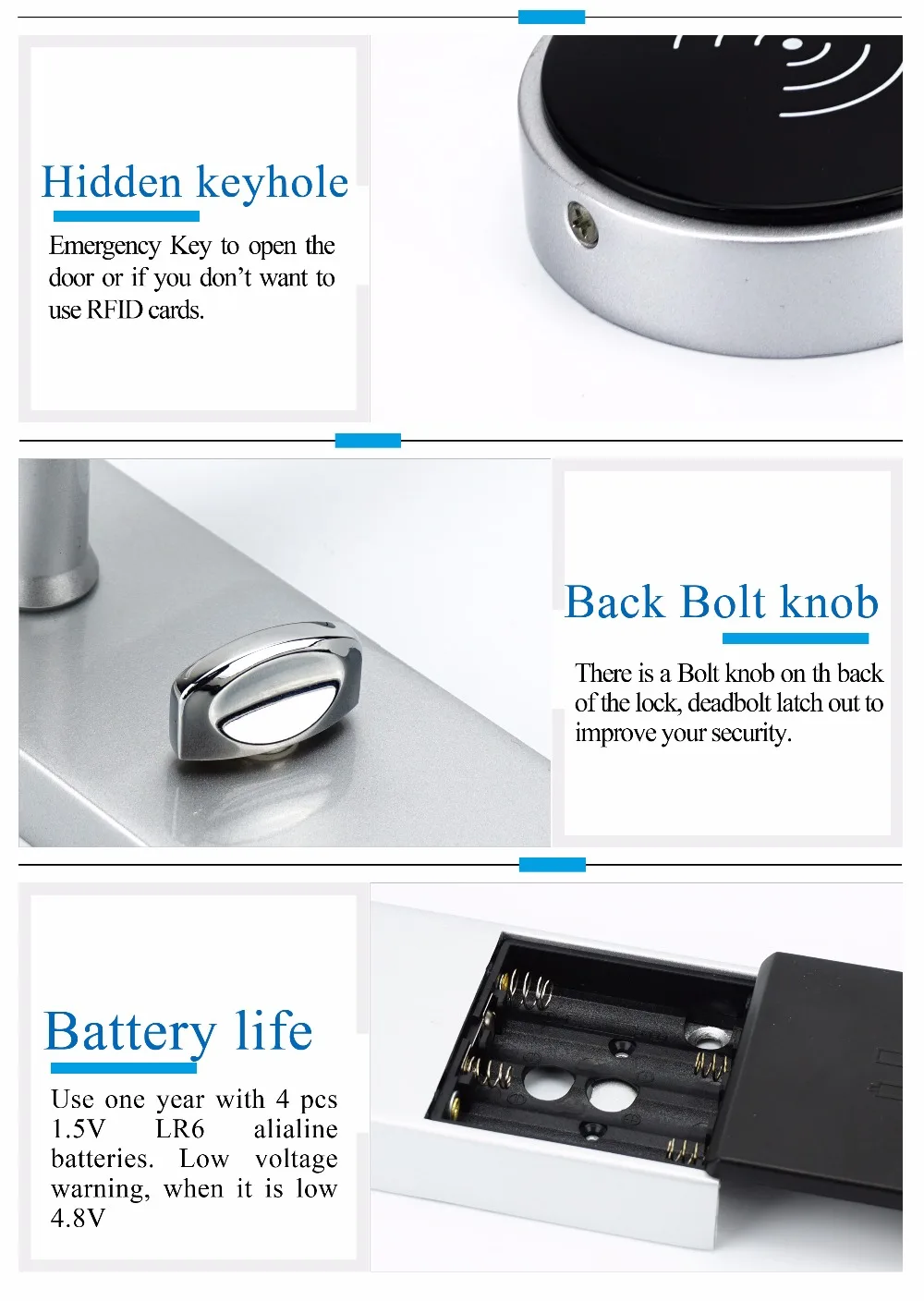 Zinc Alloy Silver Split Keyless Intelligent Digital Rfid Card Door Lock Security Electric Lock For Home or Hotel