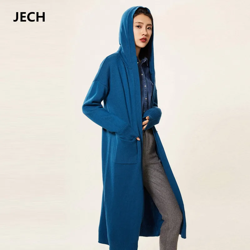JECH весенние новые женские длинные кардиганы кашемировые пальто популярные модные элегантные шерстяные тренчи с капюшоном женские пальто Топ женские