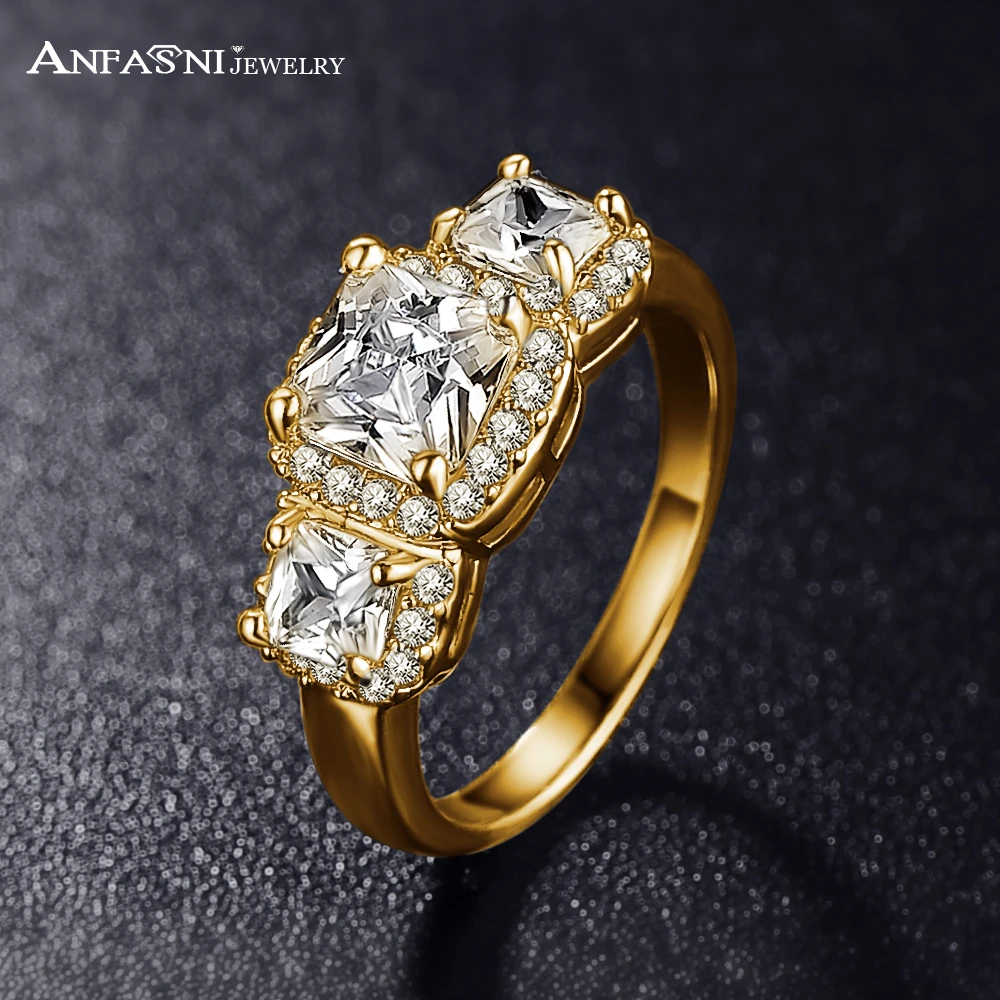 ANFASNI New South Korea Ring For Women Golden Color Clear AAA Cubic