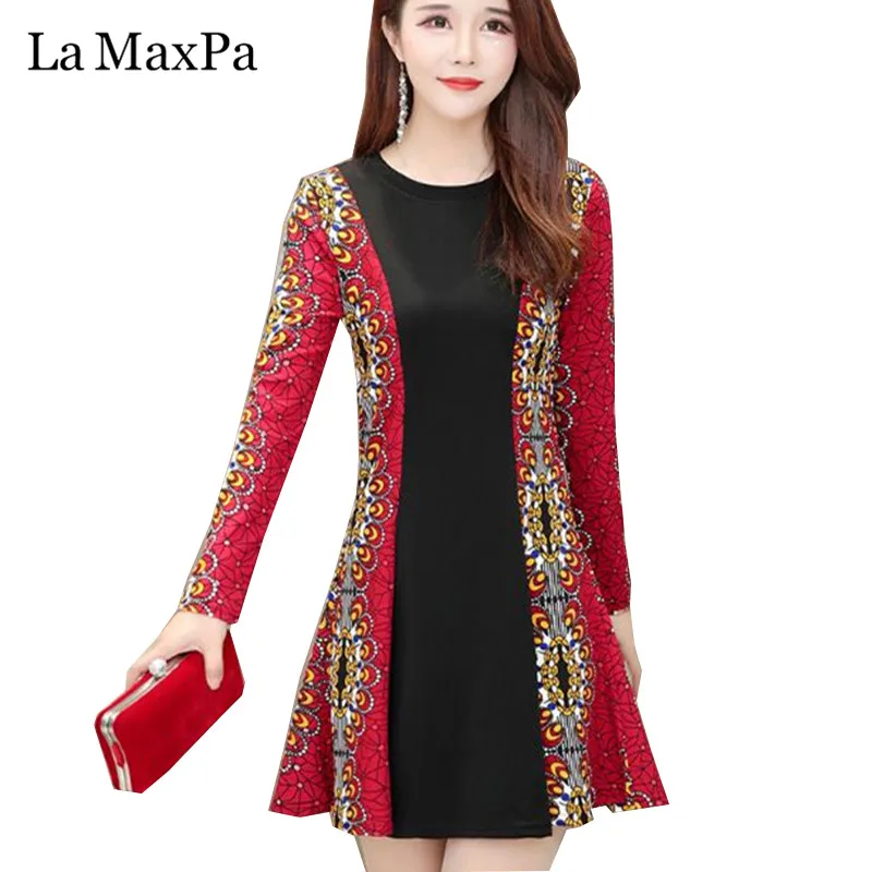 

La MaxPa 2019 New Autumn Print Stitching Dress Long Sleeve Causal Mini Dress 5XL Plus Size Loose Dress Slim Temperament female