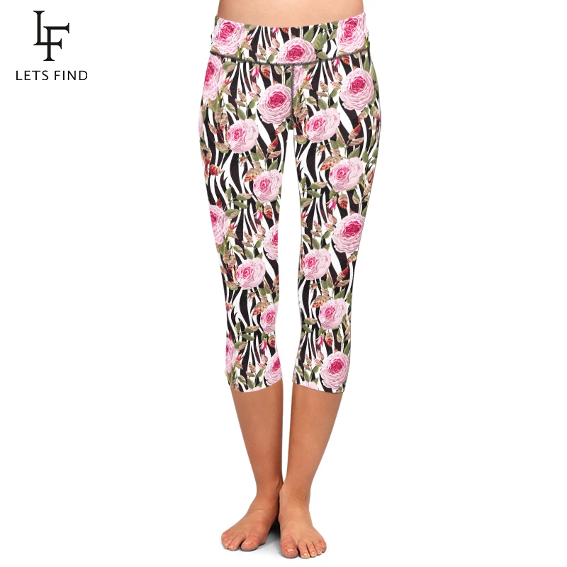 LETSFIND New Style High Waist Flowers Design Print Trousers High Elasticity Soft Women Mid-Calf 3/4 Fitness Capri Leggings LETSFIND New Style High Waist Flowers Design Print Trousers High Elasticity Soft Women Mid-Calf 3/4 Fitness Capri Leggings