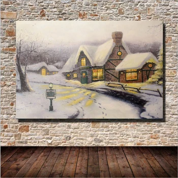 

High Quality Village Cabin Snow Landscape Oil Painting Wall Art Home Decoration Canvas Painting For Bedroom Living Room Unframed