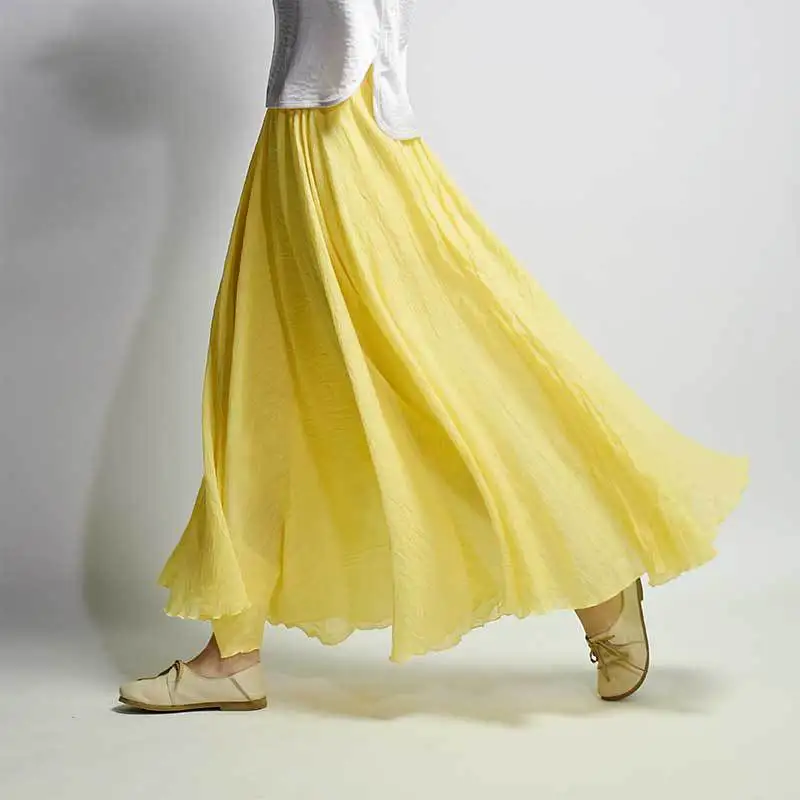 Женская летняя юбка из льна и хлопка, винтажные женские длинные юбки с эластичной резинкой на талии, плиссированные макси юбки бежевого и белого цветов, Boho юбки Faldas - Цвет: Color 16