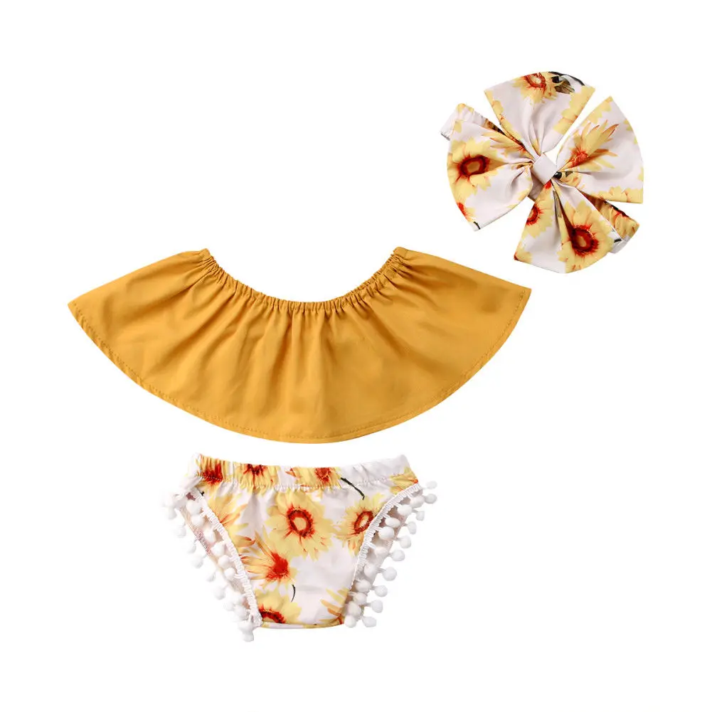 3Pcs Newborn Baby Girl Clothes Set Flower Off Shoulder Crop Tops Shorts Headband Outfit Summer