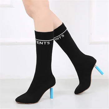 

Women Knitting Sock Boots 8cm Lighter High Heels Black Red Mid Calf Boots Stretch Women Fashion Letter Shoes Lady Boots Big Size
