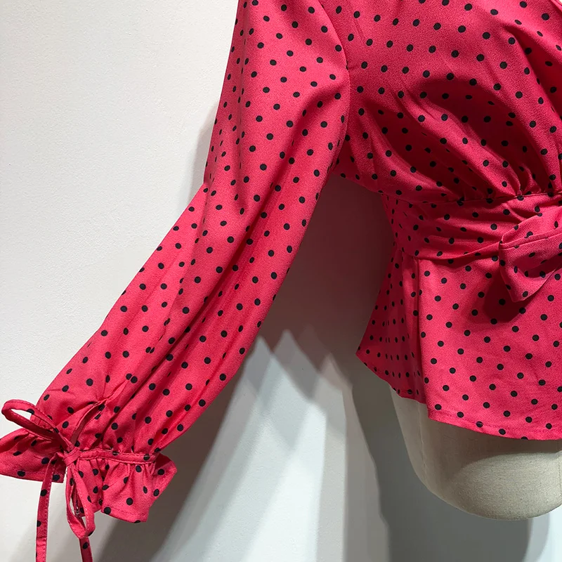 Sexy deep v-neck lace up party lady blouse bodycon short shirt long petal sleeve dot printed chiffon shirt blusa feminina Tops Sexy deep v-neck lace up party lady blouse bodycon short shirt long petal sleeve dot printed chiffon shirt blusa feminina Tops