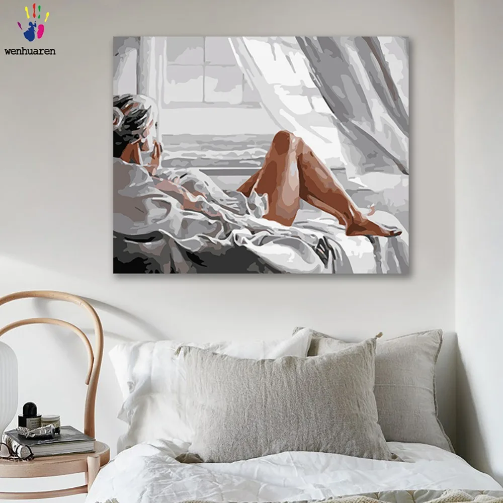 

DIY colorings pictures by numbers with colors Beautiful woman wearing a white shirt picture drawing painting by numbers framed