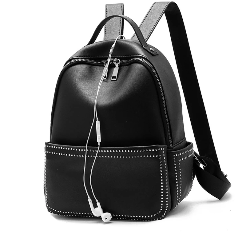 

Women Backpack Leather Bag Travel Backpack Female School Bags For Backpack Headphone Jack Sac A Dos Rivets Casual Designer New