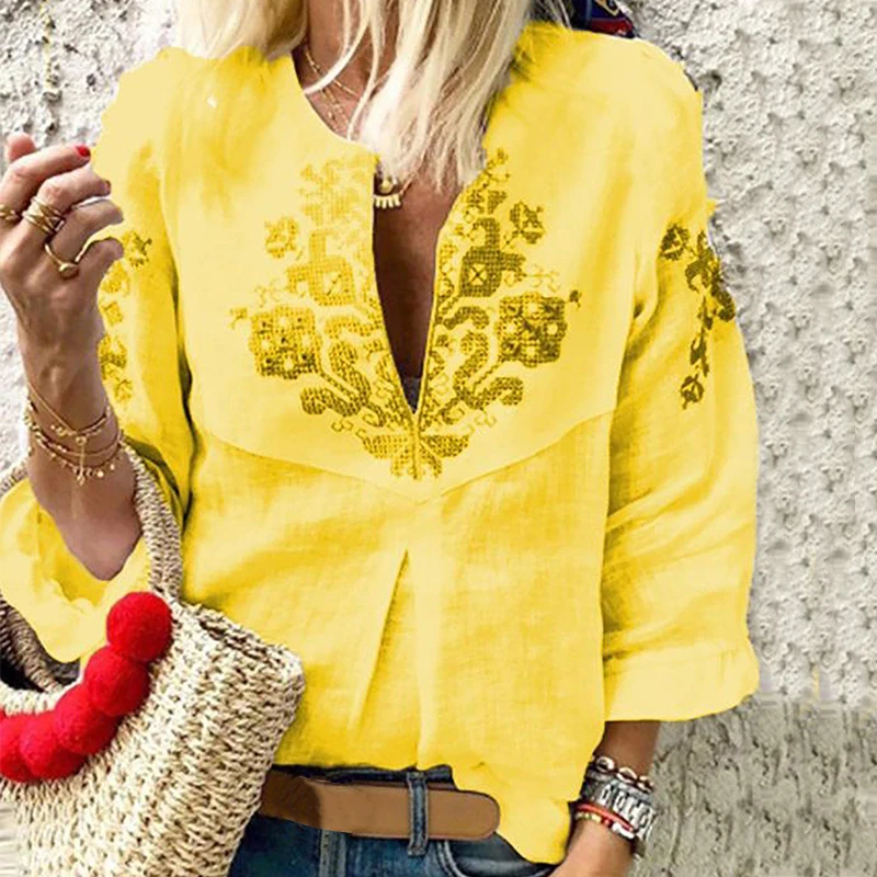 En Ligne Top Fashion 2018 Femmes Sexy V Profond cou Lâche Blouse Automne Vintage Floral Imprimé Casual Manches 3 4 Élégant Travail de Bureau chemise