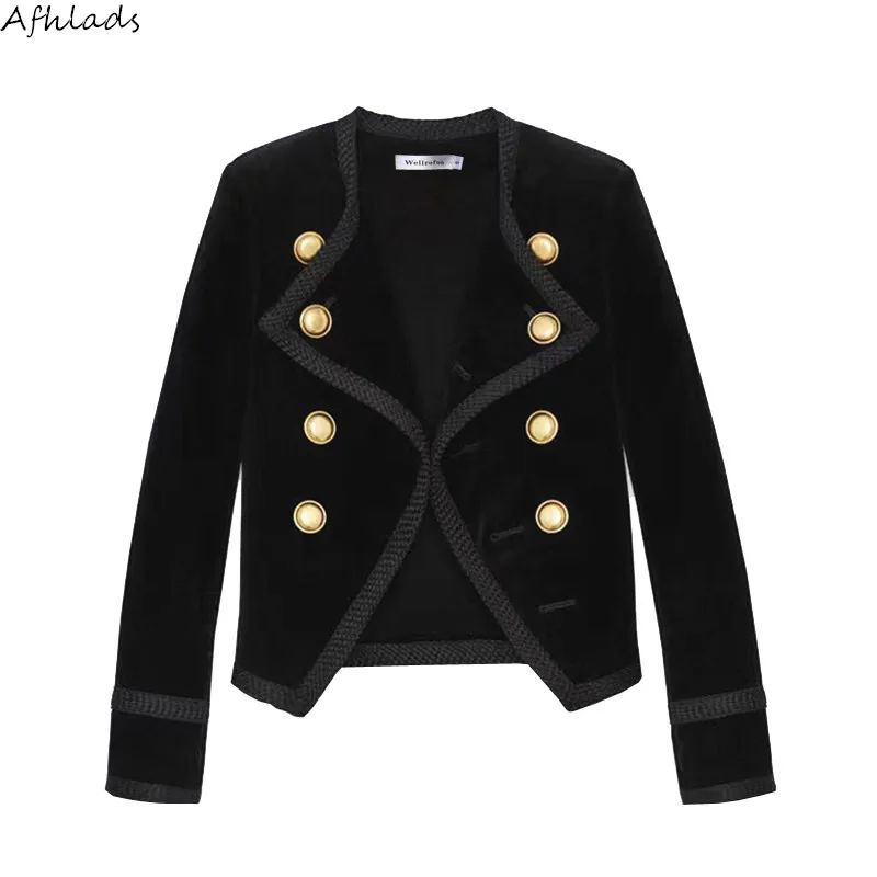 Длинный рукав тонкий женский подиум модное короткое пальто осень и зима высокое качество двубортное черное бархатное Женское пальто