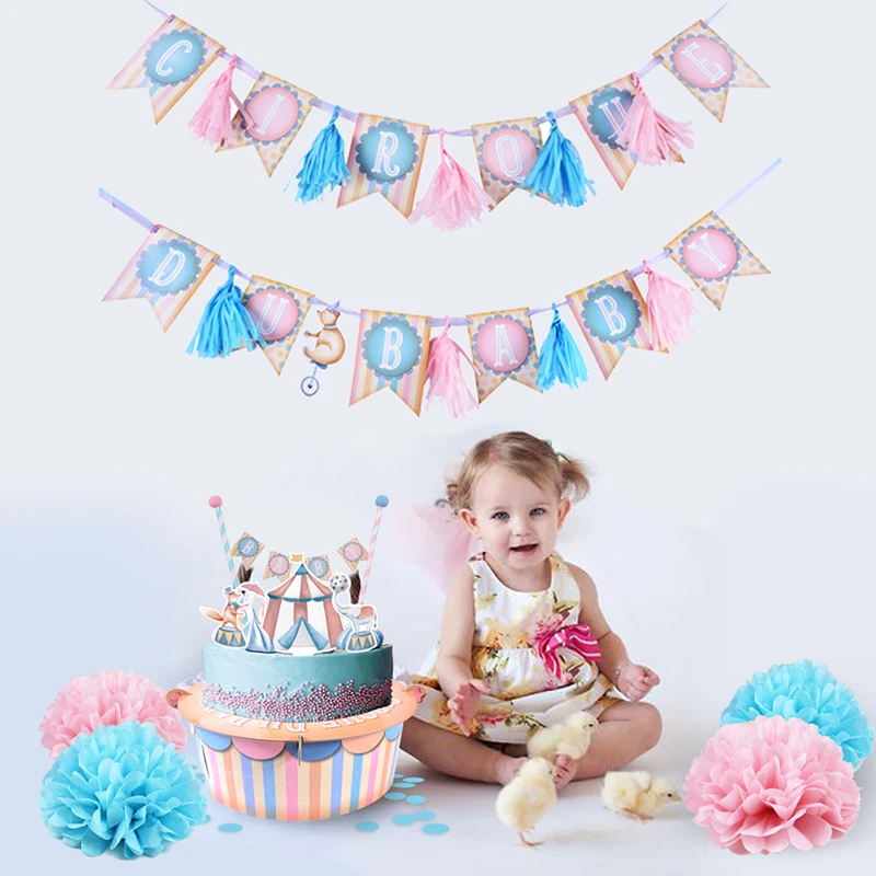 

8pcs Circus Baby Shower Girl Birthday Party Table Centerpieces Decorations"cirque du baby" Banner Garland Kids Party Favor Decor