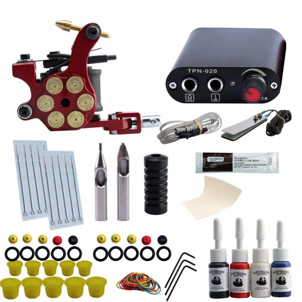 

Beginner Tattoo Kit 1 Tattoo Machine Gun Set 4Pcs Inks Set Grip Needles Black Power Supply Tatu Tattoo Supplies Permanent Makeup