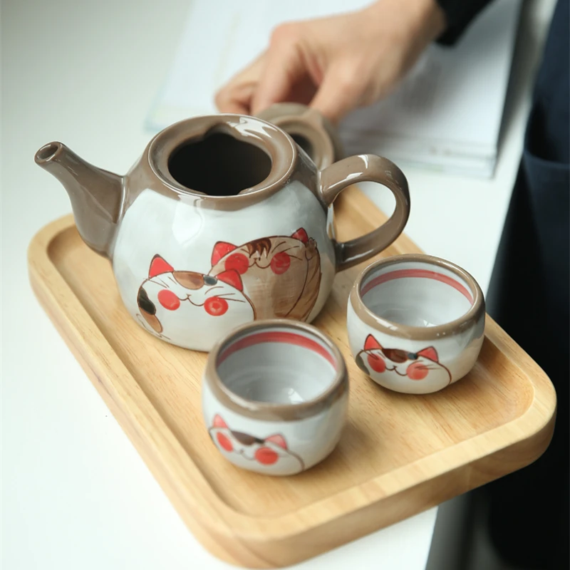 

Japanese Teapots Cute Cartoon Cat Tea Pot Set Home Morning Tea Set Rough Pottery Painted Under Glaze Color Tea Kettle Cups