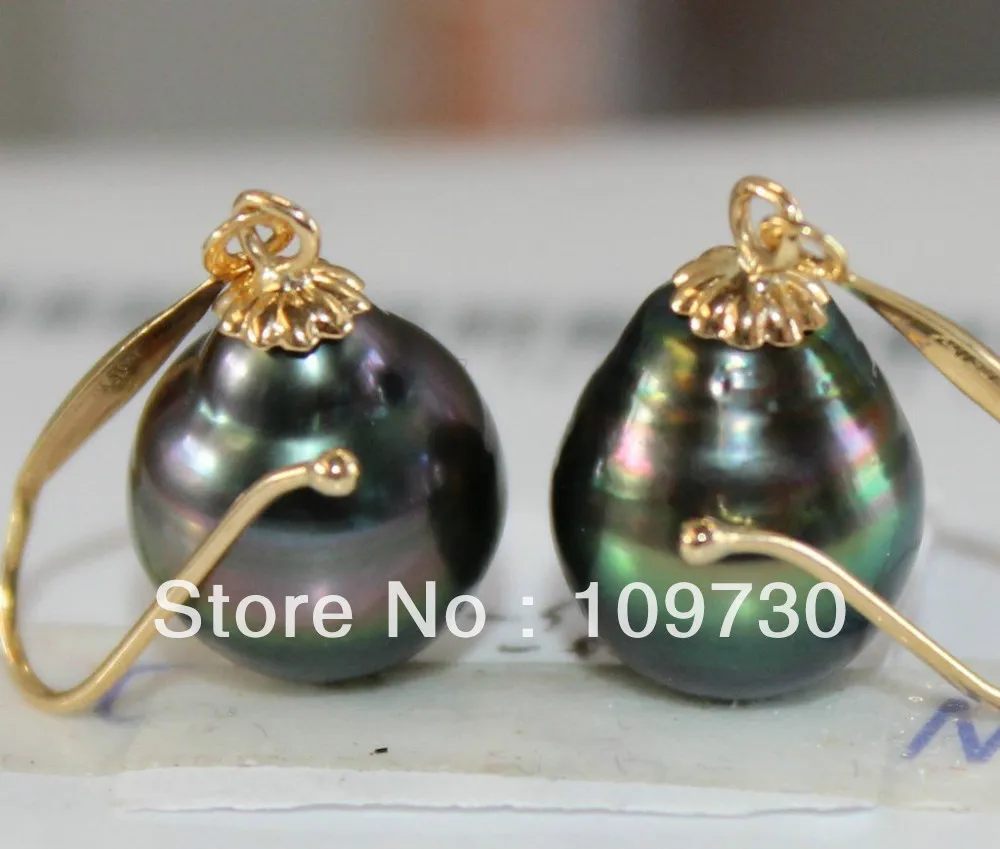 

ry00124 HUGE PAIR 14X10.5MM NATURAL TAHITIAN GENUINE BLACK DROP PEARL EARRING