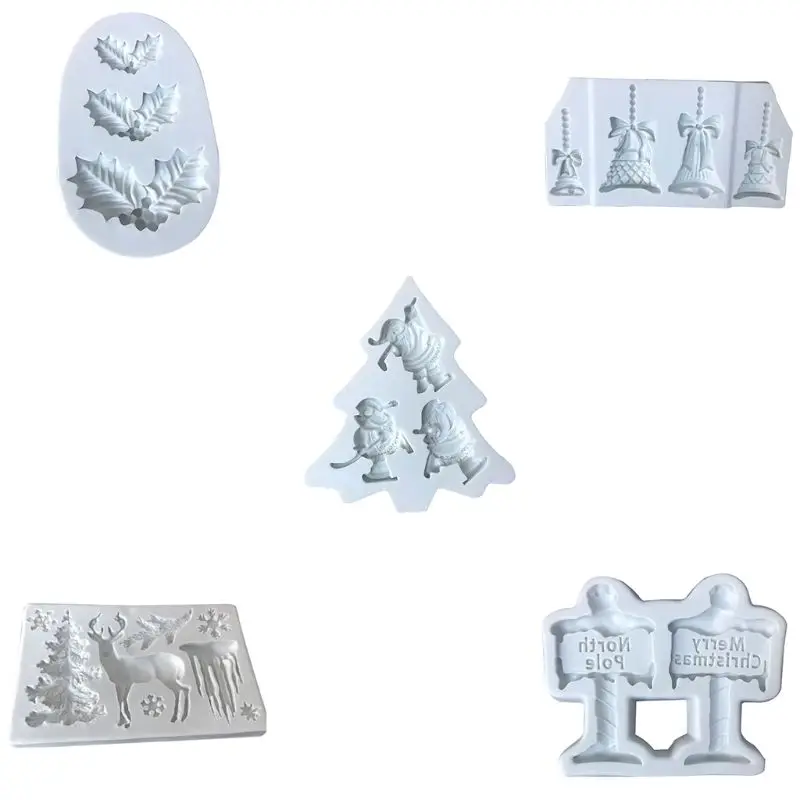 

5pcs Christmas Fondant Mold Silicone 3D Mini Holly Leaf/Christmas Tree Milu deer bell Santa Claus for Candy, Chocolate, Cake Dec