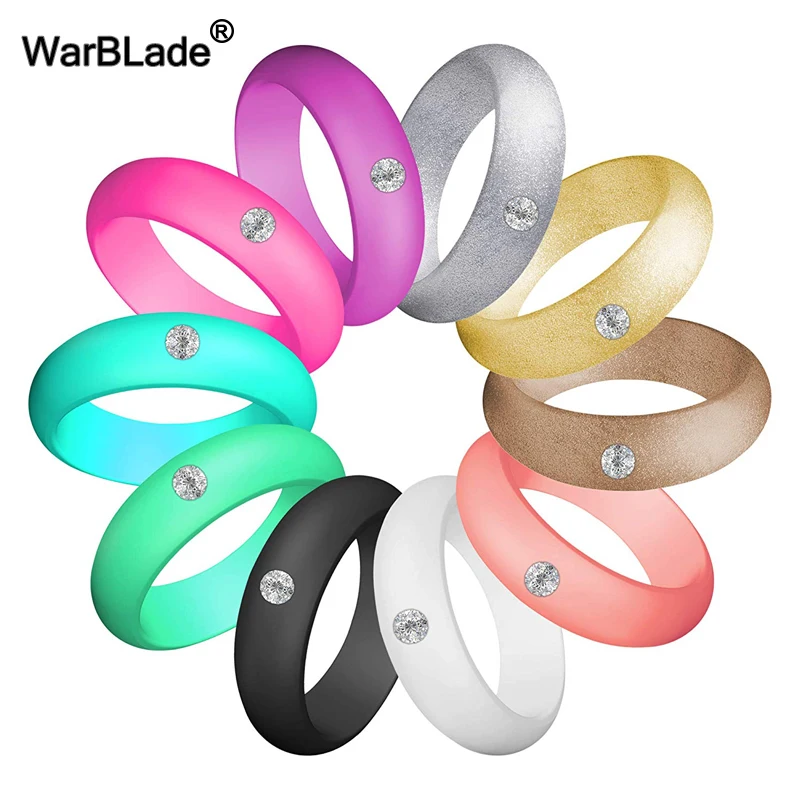 

10pc/set Women Silicone Ring With Rhinestone Hypoallergenic Crossfit Flexible Rubber Finger Rings For Women Wedding Jewelry Gift