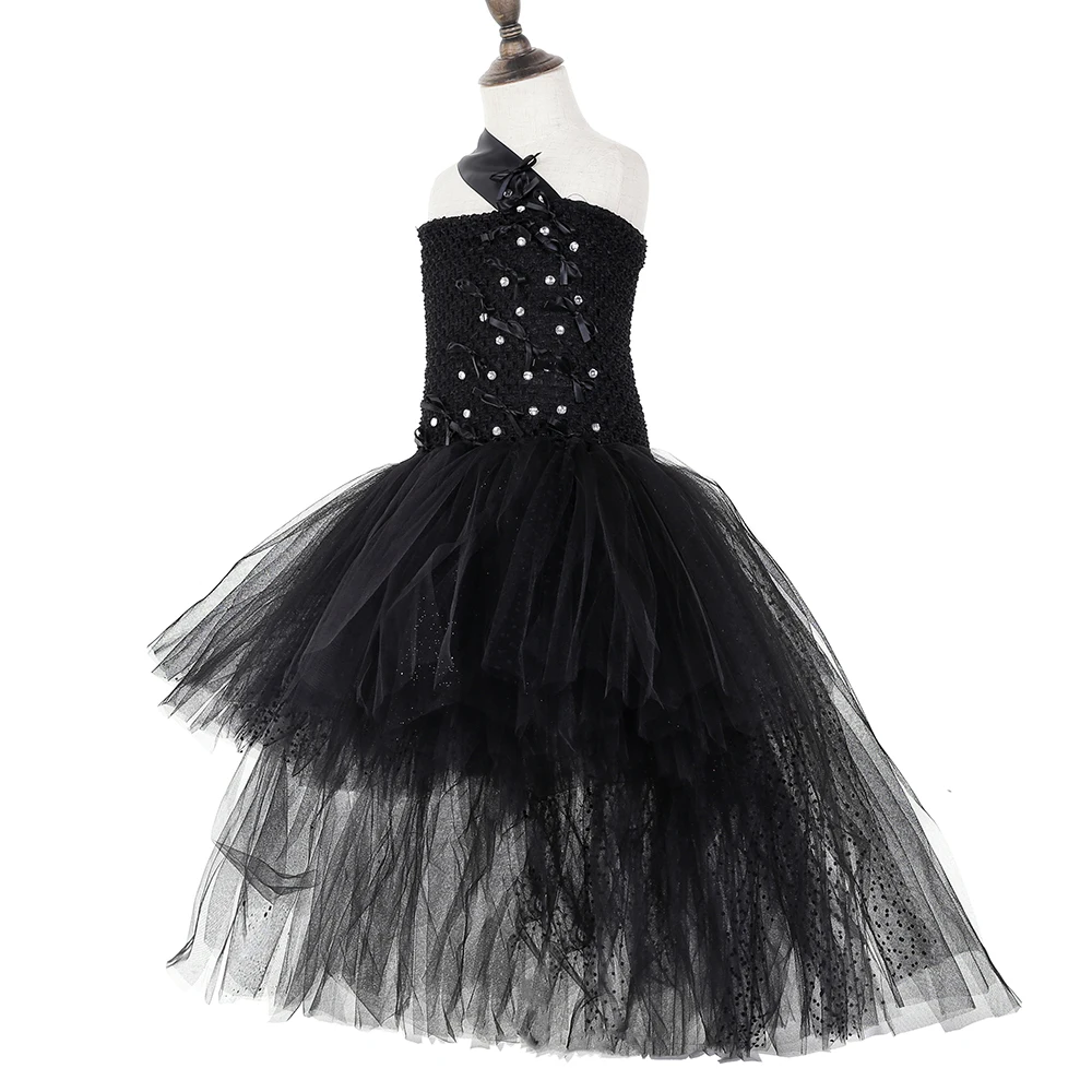 Черное платье-пачка для девочек платье принцессы на одно плечо со стразами и бантом для дня рождения, вечернее платье-пачка для девочек, платье, костюм