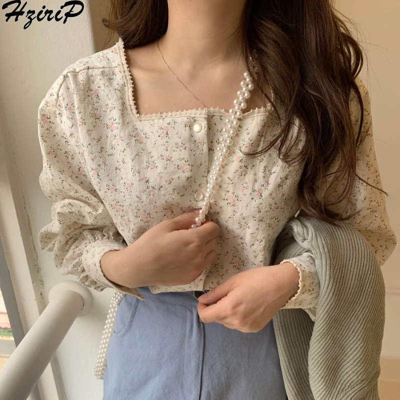 Kopen Hzirip Koreaanse Vrouwen Blouses 2019 Lente Zomer Zoete Mode Vierkante Kraag Casual Print Shirt Lange Mouw Vrouwen Tops Shirts