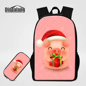

2 in 1 set Cartoon School Backpack With Pencil Case Cute Piggy School Bag for Primary Student 16 inch Book Bag Casual Rucksack
