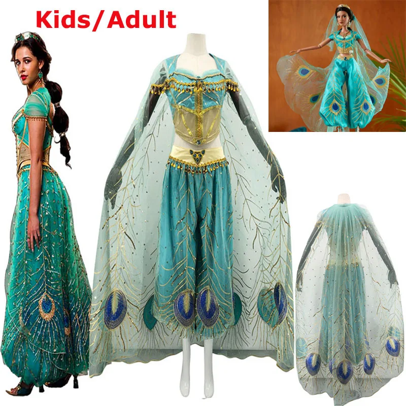 

2019 New Adult Kids Movie Aladdin Princess Jasmine Cosplay Costume Women Girls Halloween Party Clothing Suit Costume Custom Made