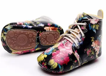 

HONGTEYA new floral style lace up baby moccasins shoes PU leather baby boys girls shoes first walkers boot rubber sole