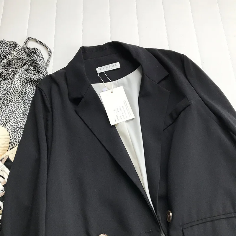 Шикарный черный блейзер Для женщин 2019 весна корейские повседневные свободные Зубчатый воротник короткая куртка, костюм женское пальто