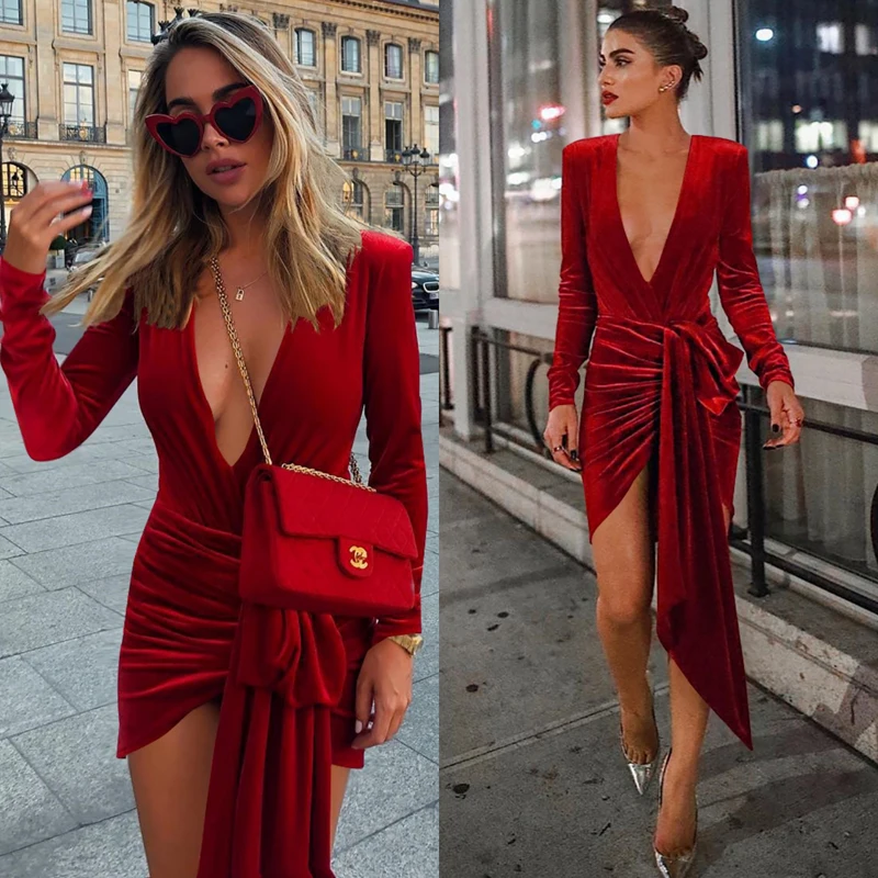 

Spring new women's dance party red carpet dress sexy deep V high slit dress high quality non-falling long-sleeved dress star