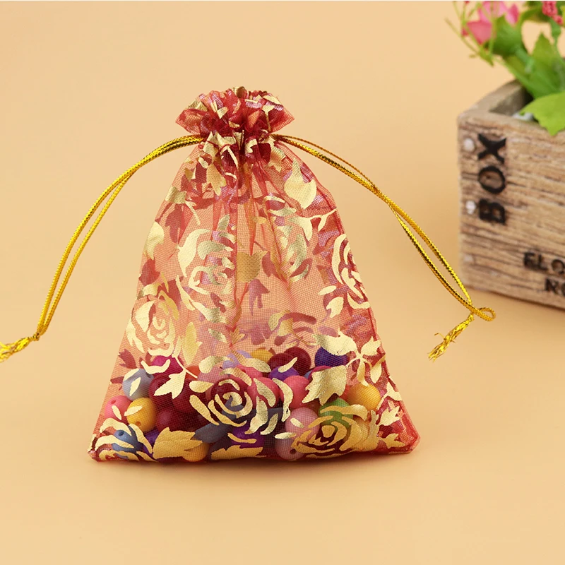 

500pcs/lot Red Organza Bag 9x12cm Rose Design Wedding Favors Jewelry Candy Packaging Bags Small Drawstring Gift Bag Pouches