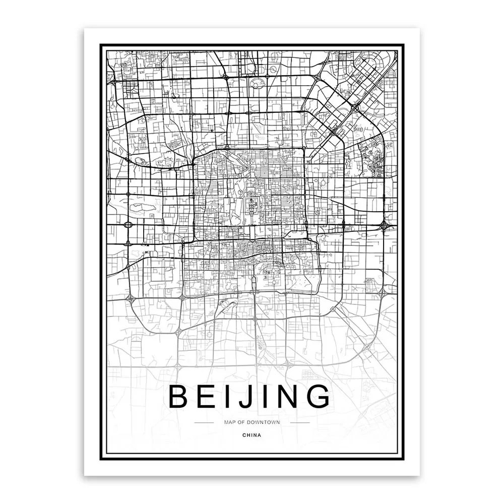 Черно-белая пользовательская карта городов мира, Лондона, Парижа, Нью-Йорка, плакаты, принты в скандинавском стиле, настенные художественные картины, домашний декор, Картина на холсте - Цвет: BEIJING