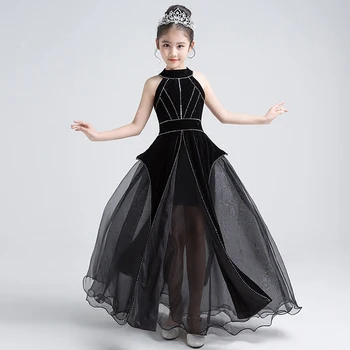 

Luxury Black Princess Dress Halter Beading Holy Communion Dress Ball Gown Tulle Kids Pageant Dress Birthday Girls Party Gowns B