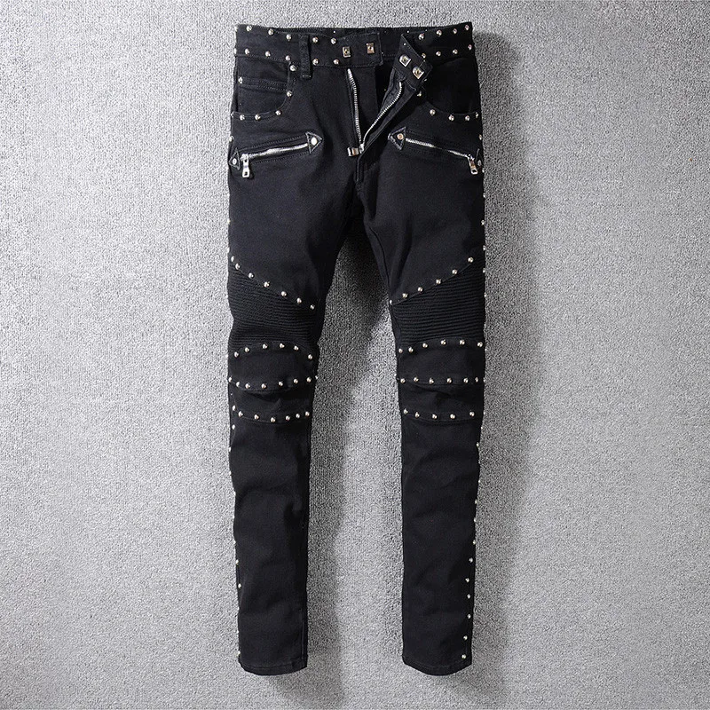 KIMSERE Men Hi Street Biker Jean Pants With Rivets Fashion Streetwear Motorcycle Denim Trousers Punk Style Brand Designer