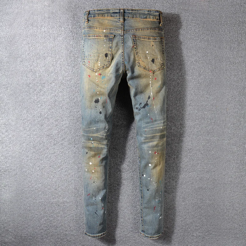European American Fashion Men Jeans Slim Fit Retro Yellow Wash Destroyed Ripped Jeans Men Paint Designer 2