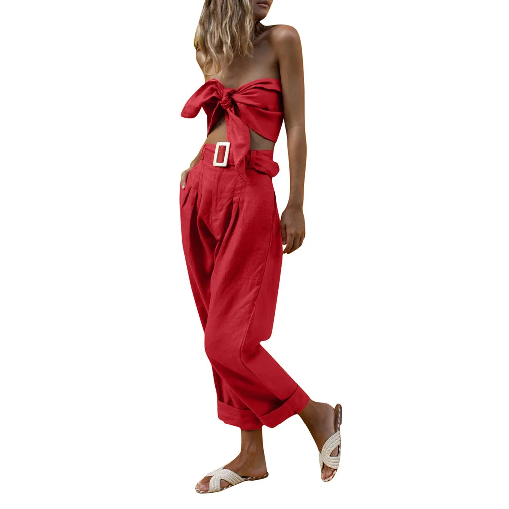 Cotton Beach Solid Suits Sashes Bow Crop Top Women Two Piece Set Sexy Summer Style Long Pants Women Set