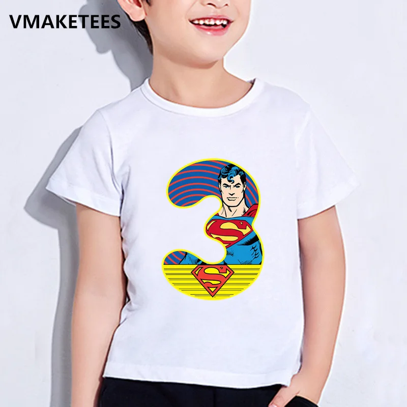 Забавная летняя футболка для мальчиков и девочек, детская футболка с принтом Супермена/Бэтмена, номер 1-9, детская одежда на день рождения, HKP2428