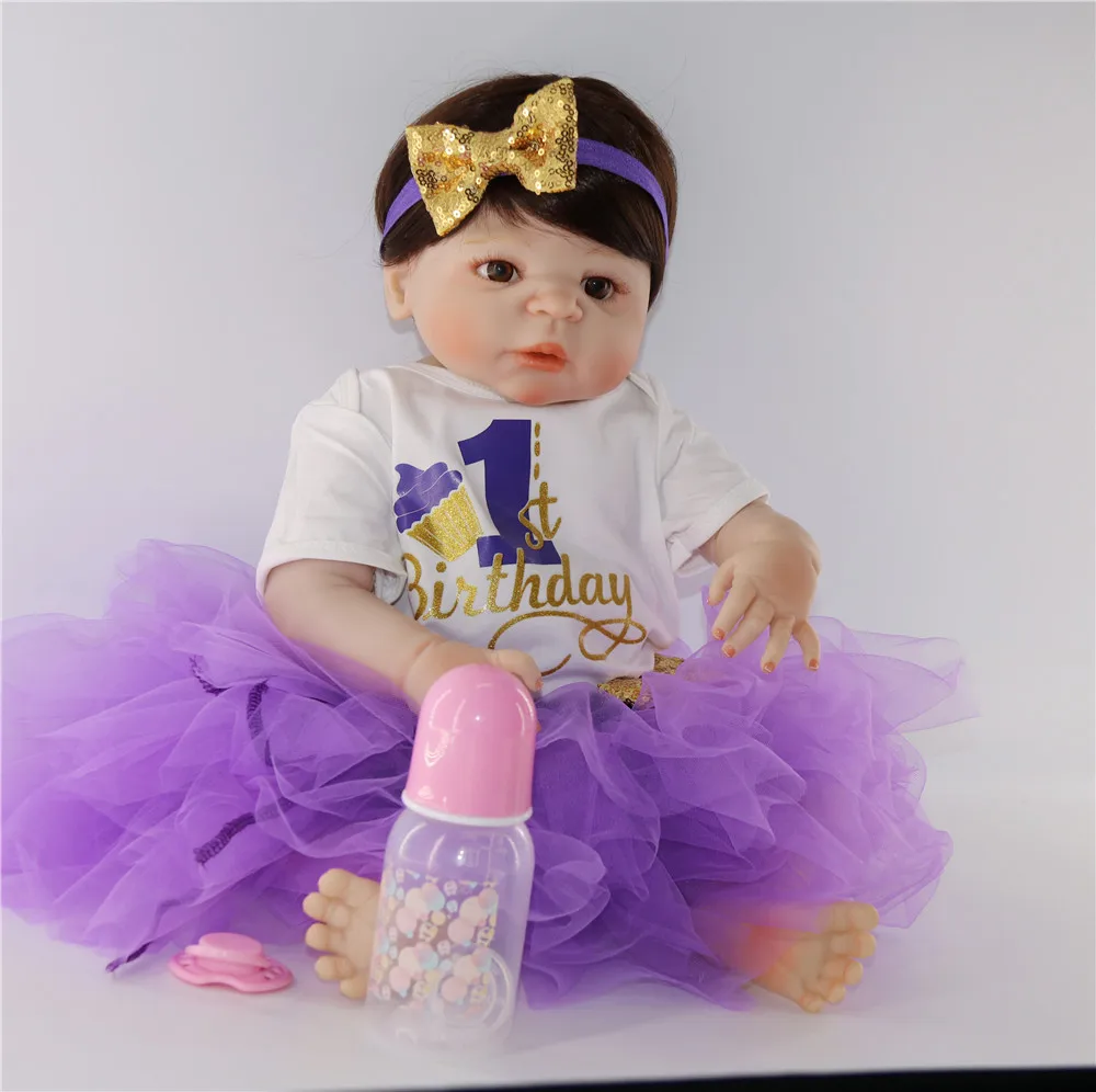 Full Silicone Reborn Baby Dolls Girl Short Brown Hair Bebes Reborn
