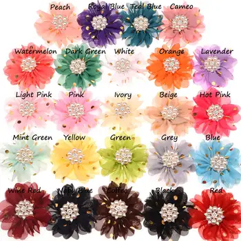 

50PCS Rosette Chiffon Flowers Puffy Hair Flower Chic Flower Accessories With Pearl Rhinestone 7.5cm Gold Polka Dot Flowers