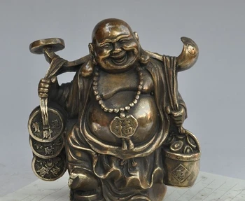 

6" chinese Buddhism Bronze wealth money coin ingot ruyi Maitreya Buddha Statue