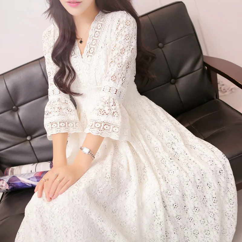 

Lace Hook Flowers V Neck Dresses Women 2019 New Spring Summer Slim Beach Holiday Casual Ladies A-line Elegant Party Long Dresses