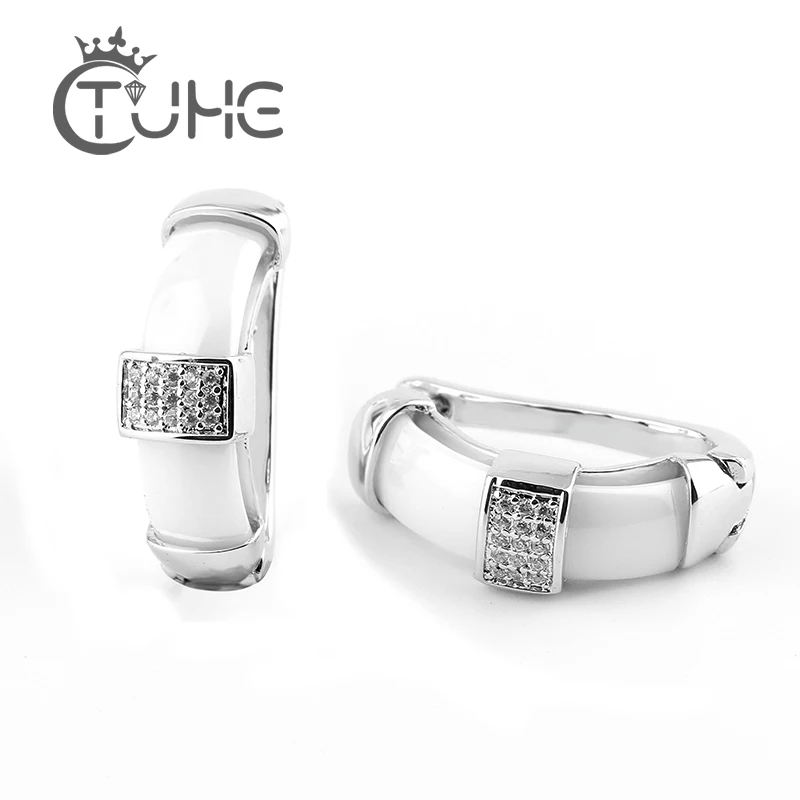 Новая мода черный натуральный камень женские серьги с Bling Стразы Элегантный из белой керамики серьги-гвоздики u-образные женские ювелирные изделия