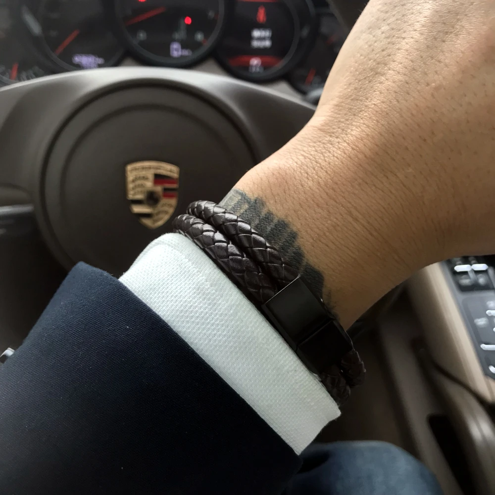 Goede Mcllroy Armband Mannen Echt Leer Roestvrij Staal Luxe Mannen Armband Gevlochten Leer Magneet Armband Sieraden Erkek bileklik
